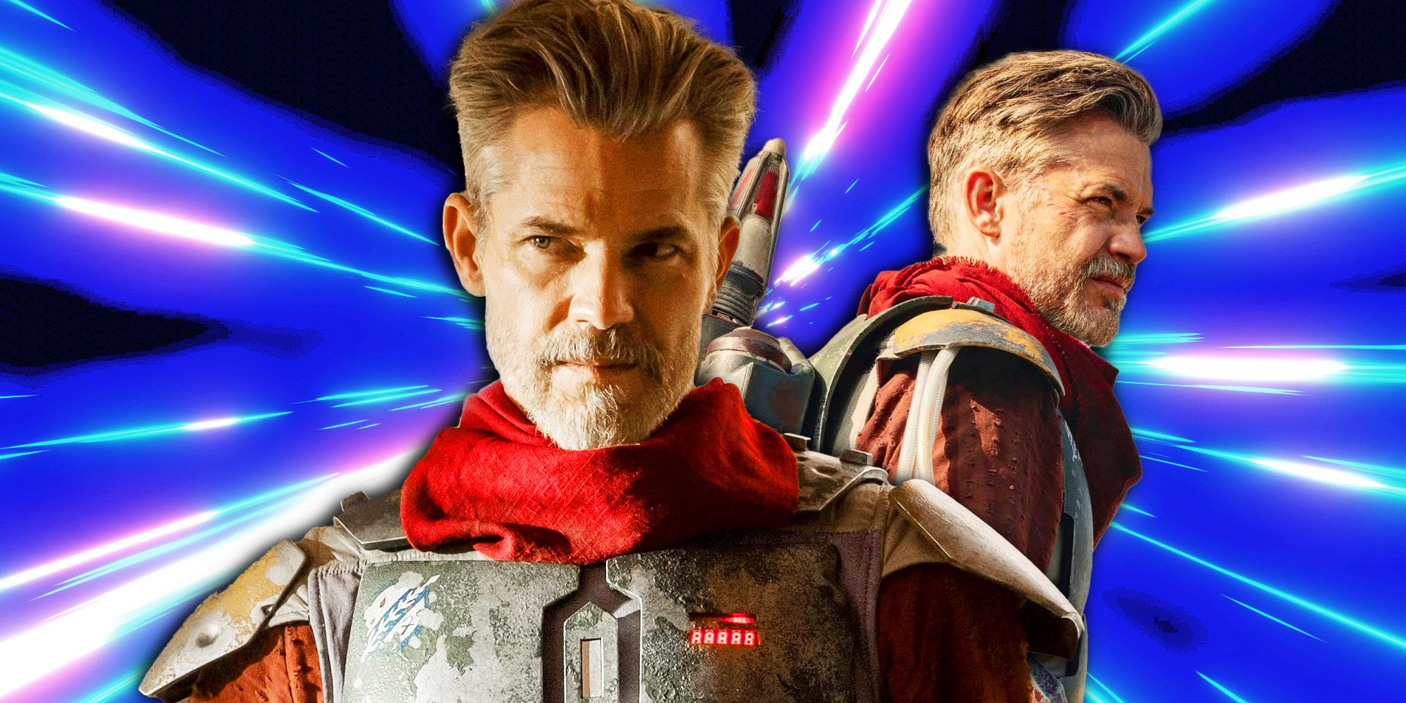 Timothy Olyphant as Cobb Vanth in The Mandalorian on a blue, hyperspace like background