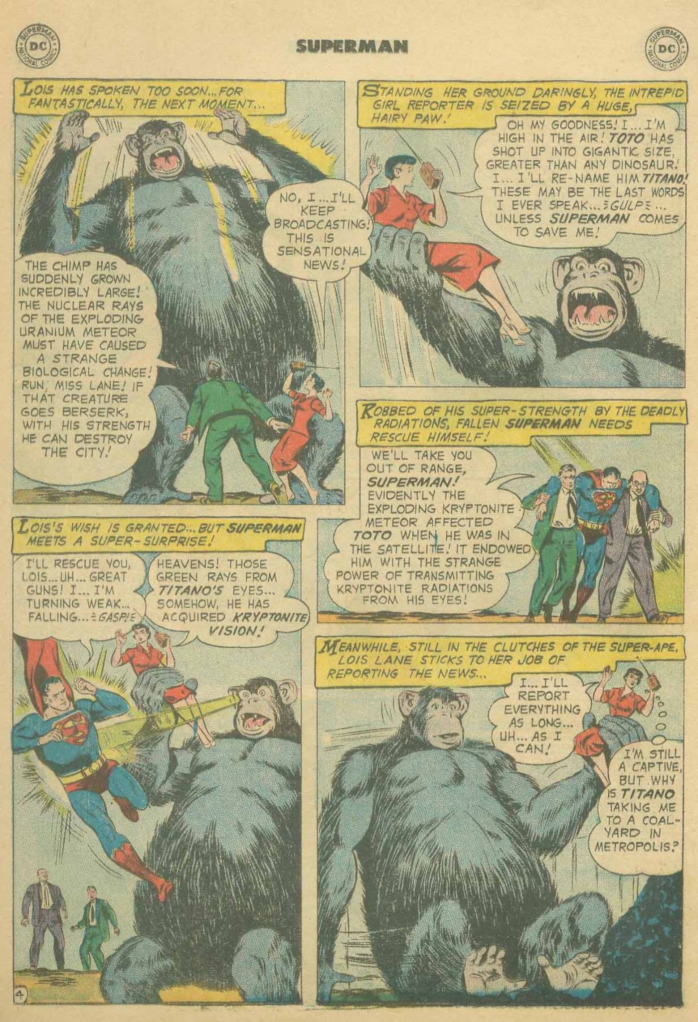 Great Ape Titano kidnaps Lois and punches Superman.