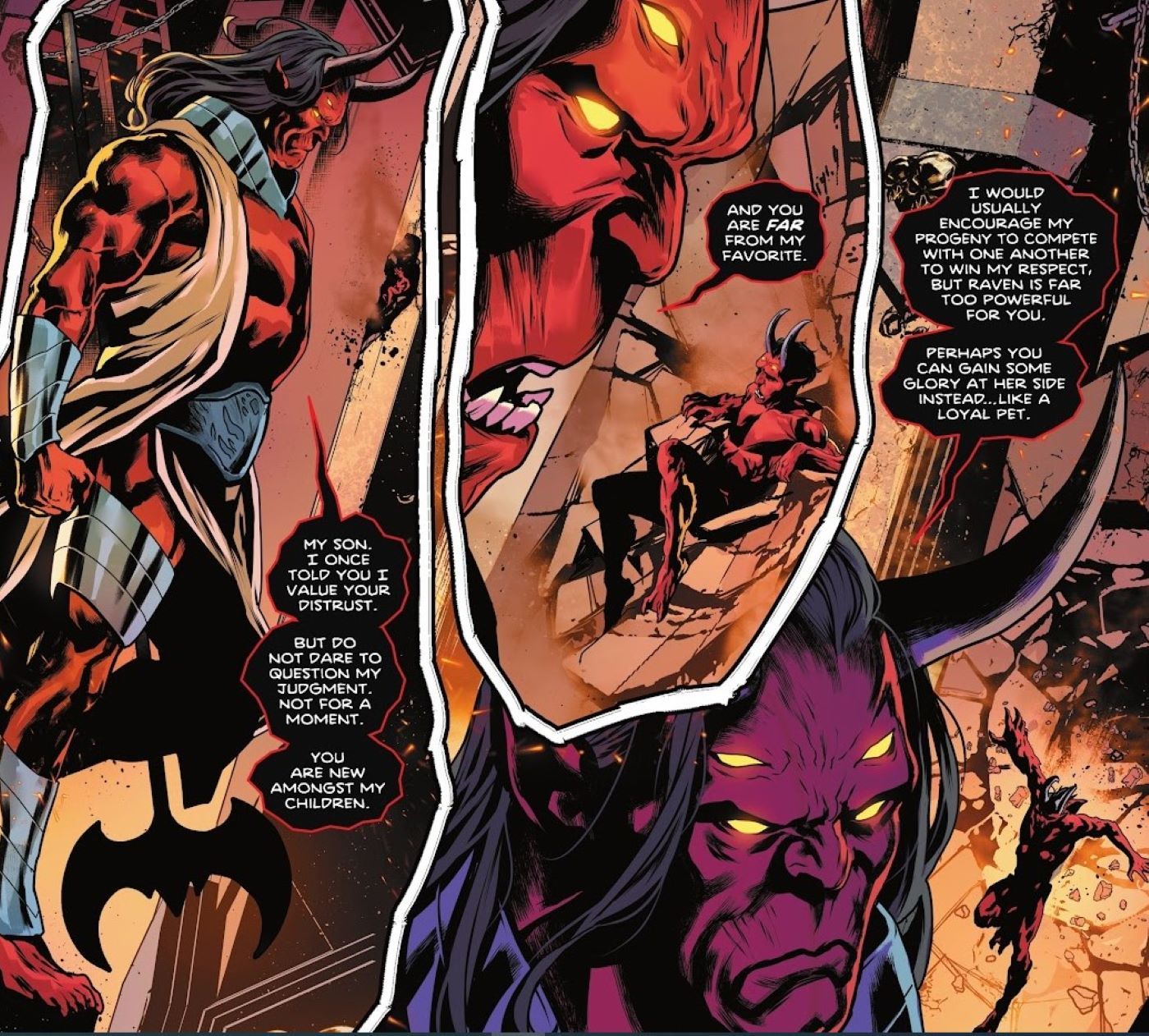 Titans #9 Apresentando Trigon e Trilogy, com Trigon gritando com Trilogy 