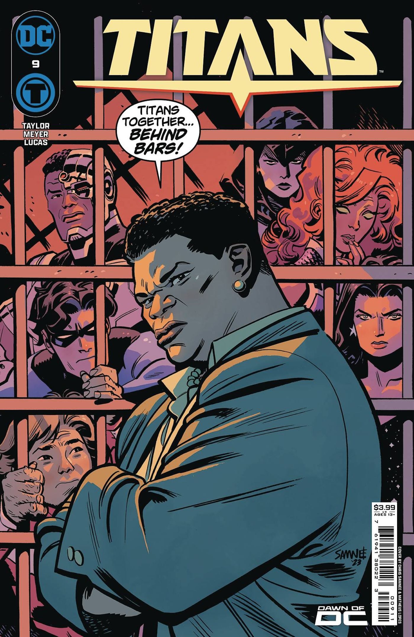 Titans 9 Main Cover: Amanda Waller stands in front of the Titans, who are in a prison cell.