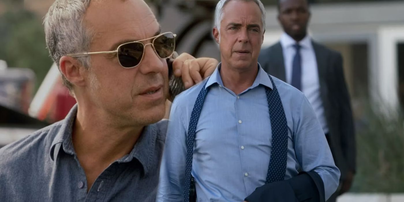 Titus Welliver as Harry Bosch wearing sunglasses talking on the phone next to Bosch walking down the street in scenes from Bosch