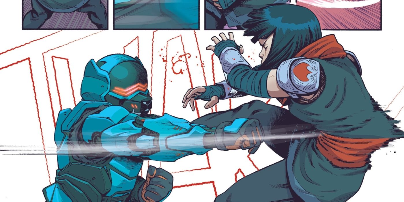 Dog Star Clan Ninja socando Oroku Karai em TMNT.