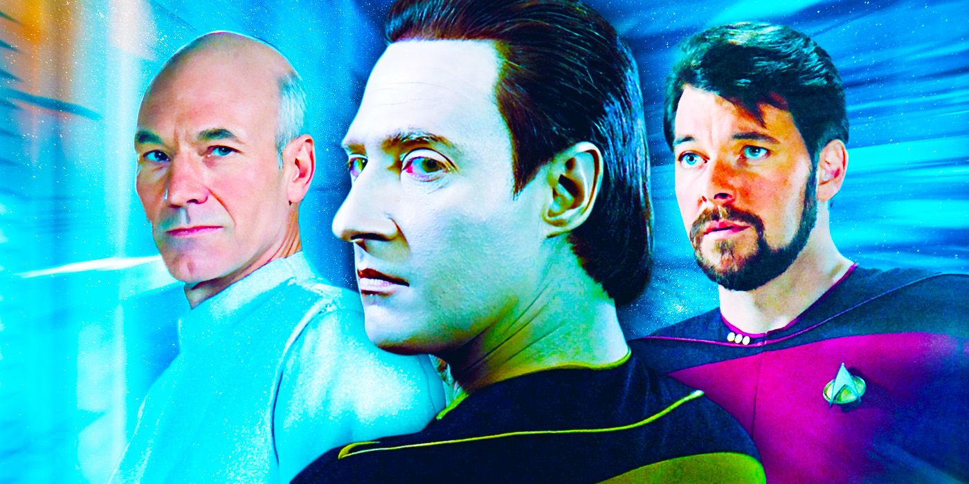 Patrick Stewart as Captain Picard, Brent Spiner as Data, and Jonathan Frakes as Commander Riker looking serious.