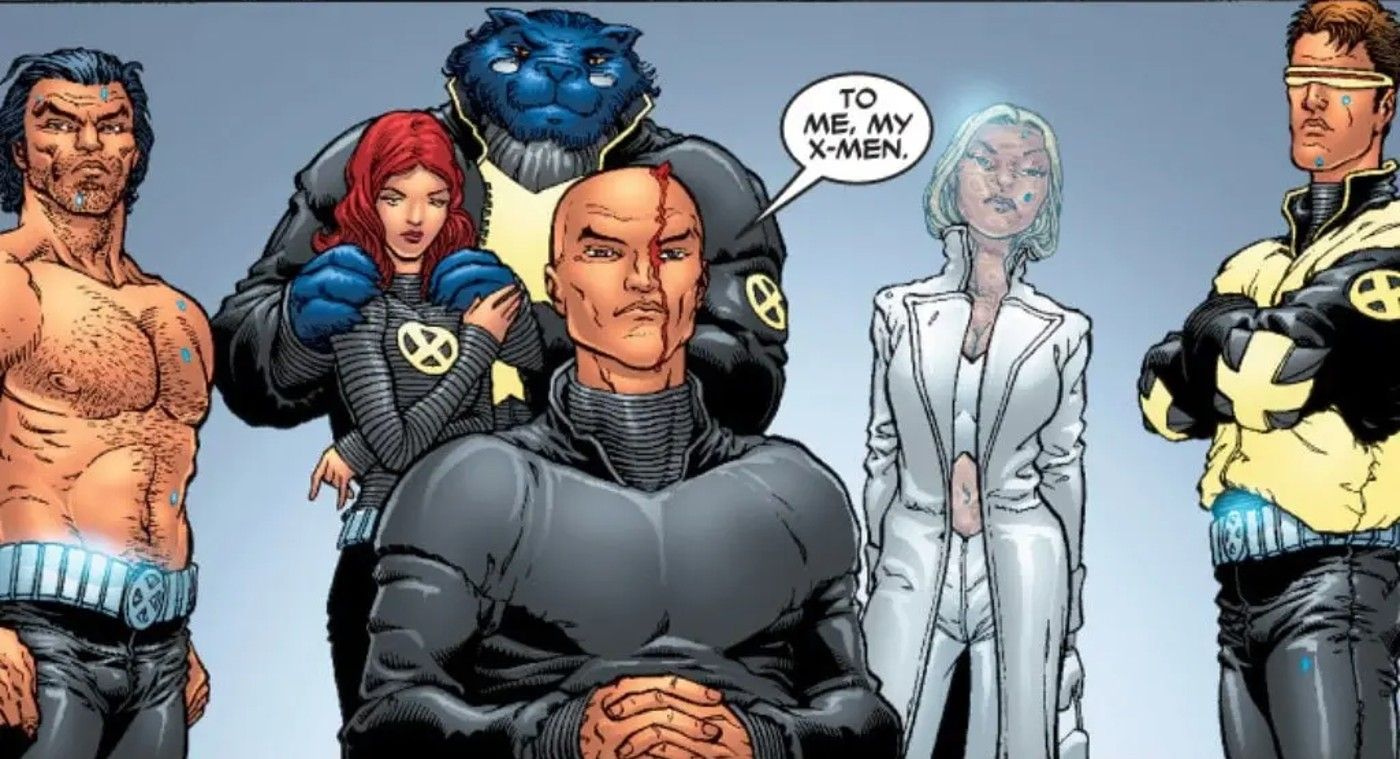 Xavier dizendo "Para mim, meus X-Men" nos Novos X-Men de Grant Morrison