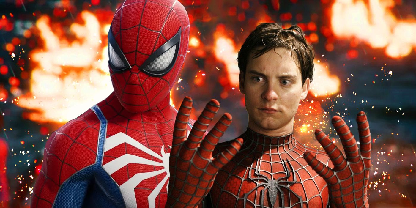 Tobey Maguire in Spider-Man alongside Peter Parker from Marvel's Spider-Man 2 game