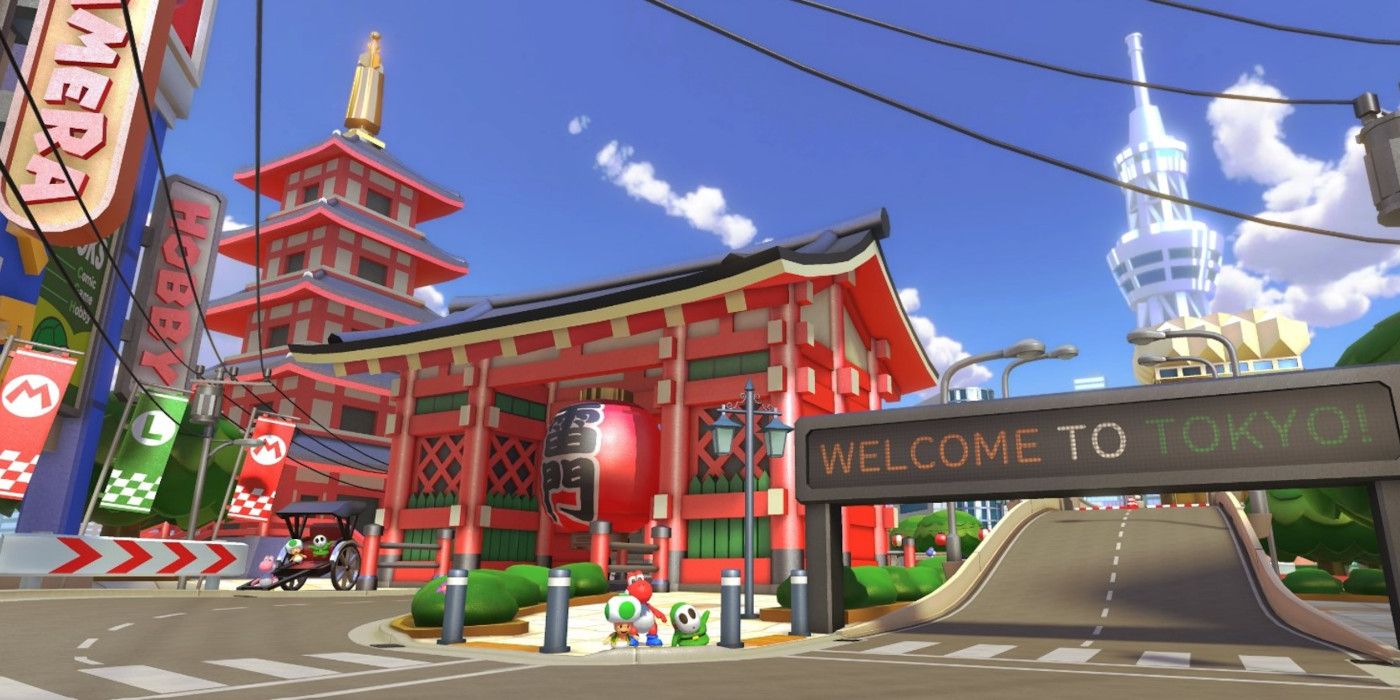 Tokyo Blur Mario Kart track with a sign saying 'Welcome to Tokyo'.