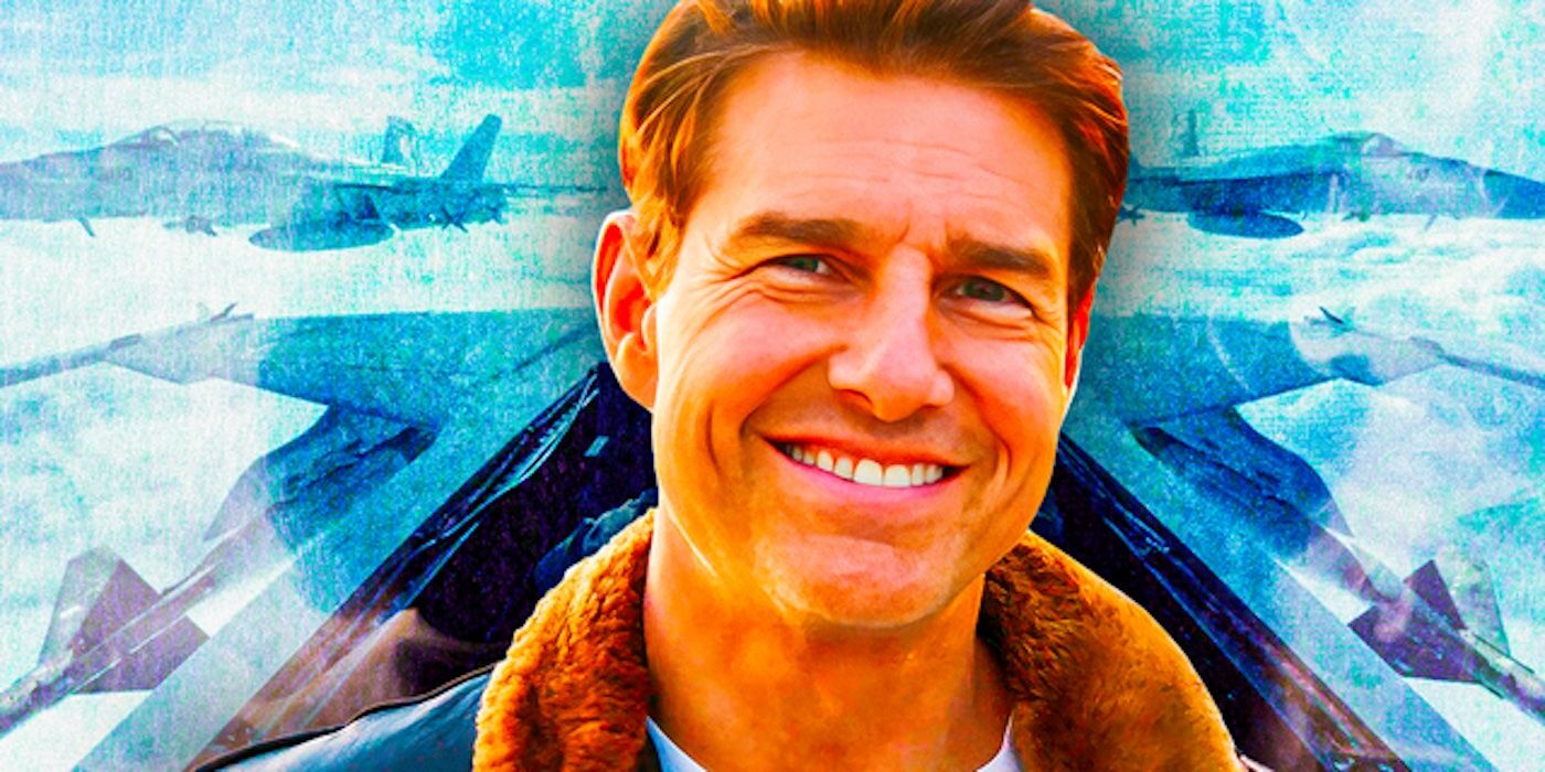 Tom Cruise's Maverick smiles in front of fighters jets from Top Gun Maverick