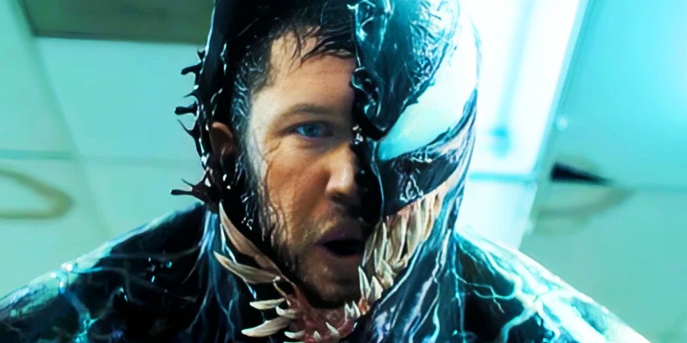 Tom Hardy as Eddie Brock bonded to Venom in 2018's Venom