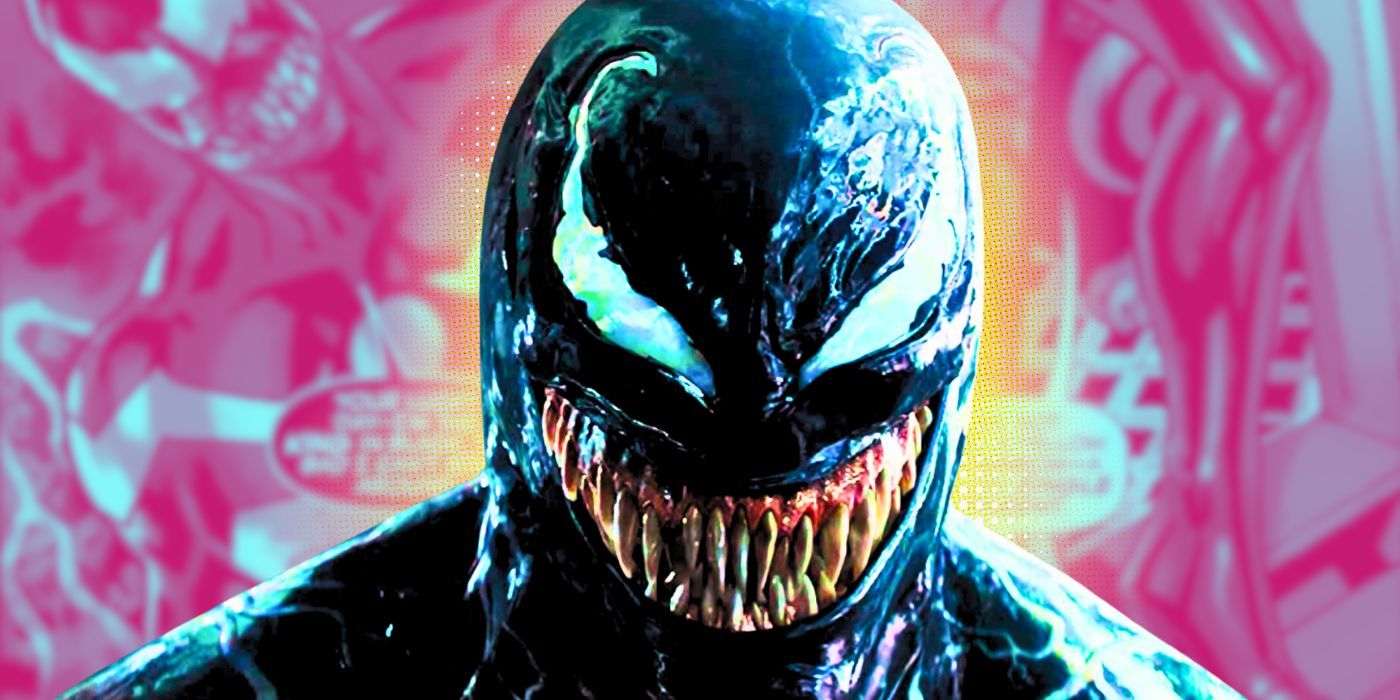 Tom Hardy's Eddie Brock's Venom in front of pink background