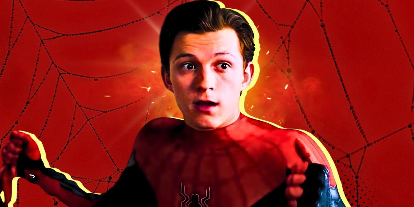 Tom Holland as Peter Parker's Spider-Man with a web background