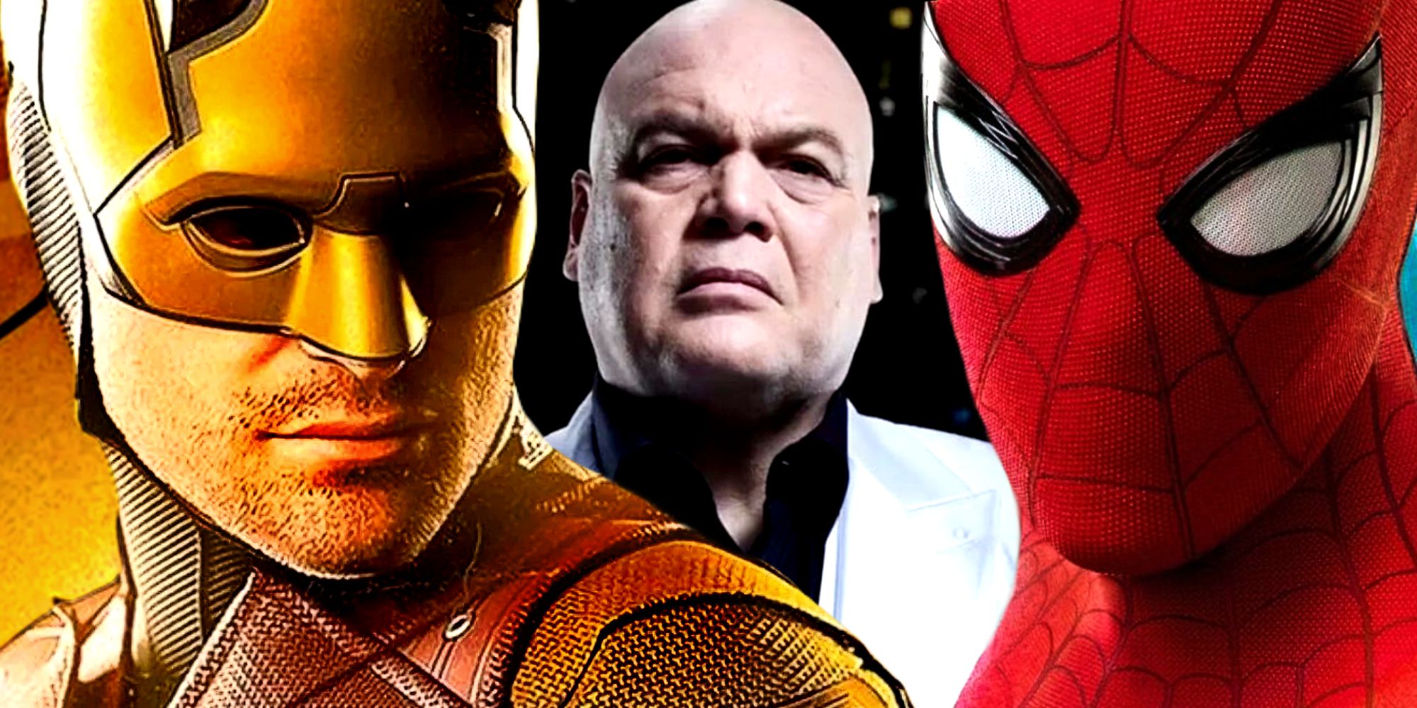 Tom Holland's Spider-Man, Charlie Cox's Daredevil, and Vincent D'Onofrio's Kingpin in the MCU