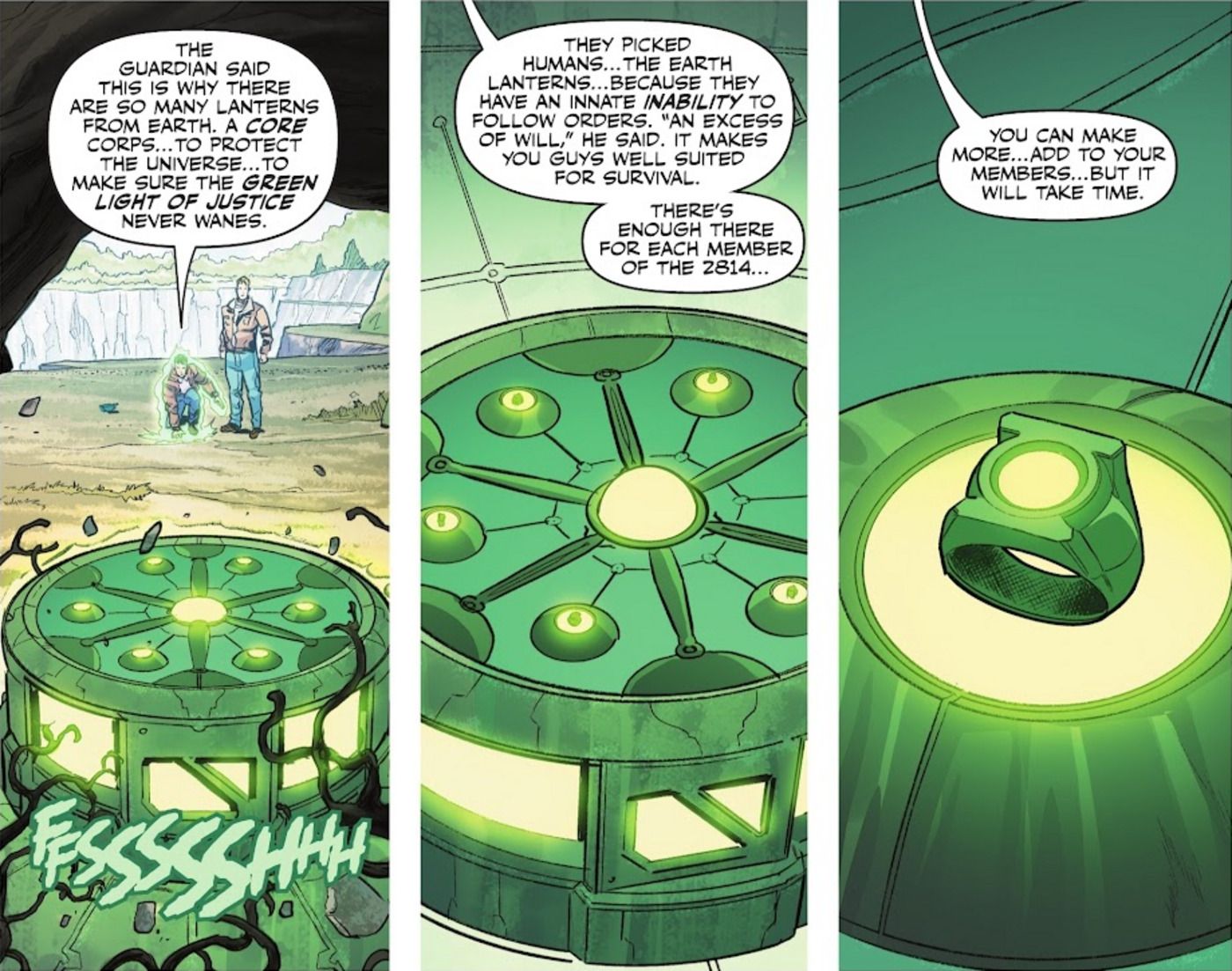 Tom Kalmuk explicando a bateria de energia Oan e os anéis de energia para Hal Jordan em Lanterna Verde #9