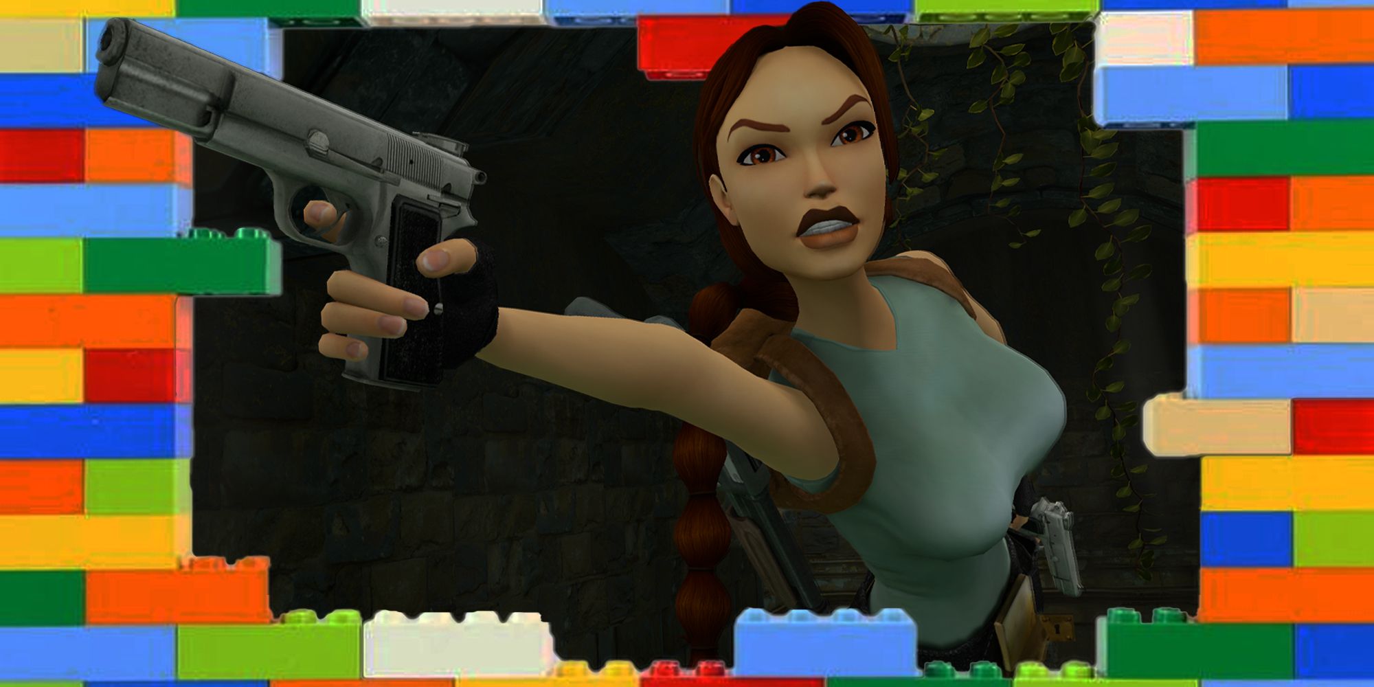 Tomb Raider's Lara Croft shooting through a hole in a LEGO wall