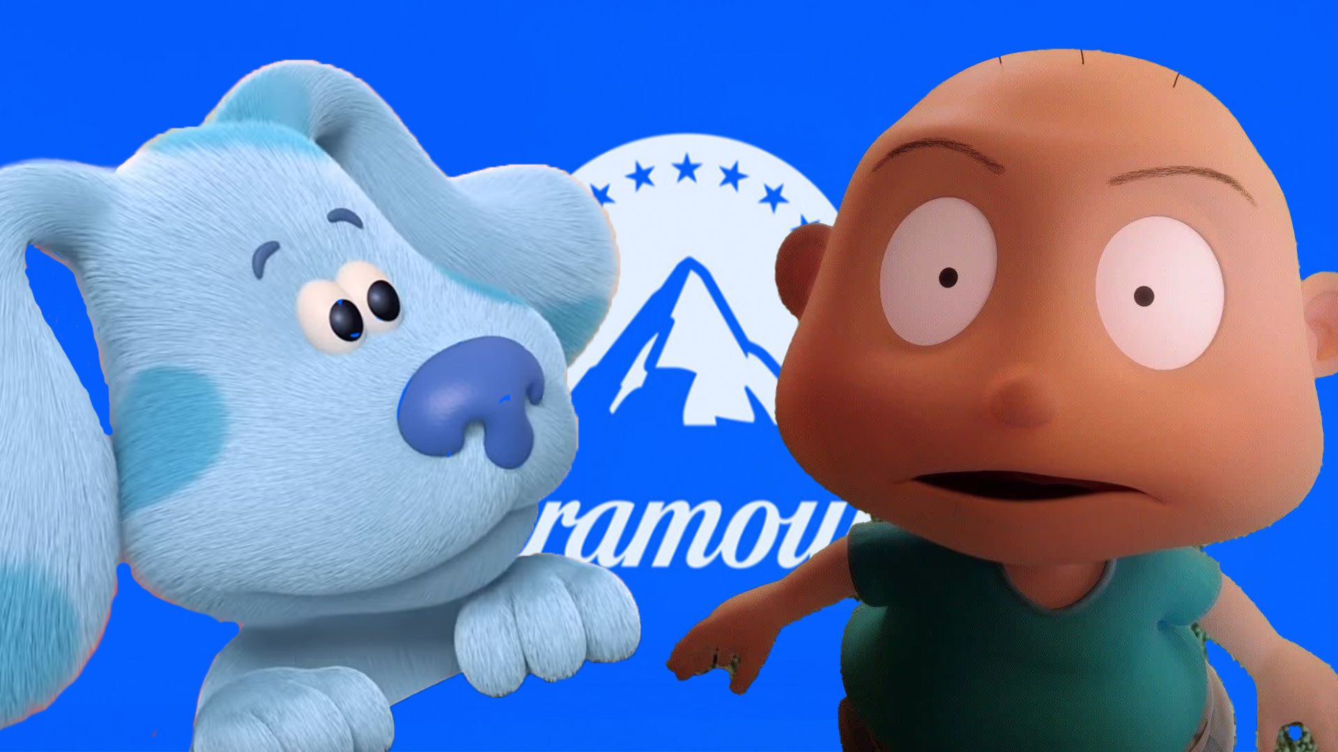 Tommy from Rugrats and Blue from Blue's Clues against Paramount+ logo