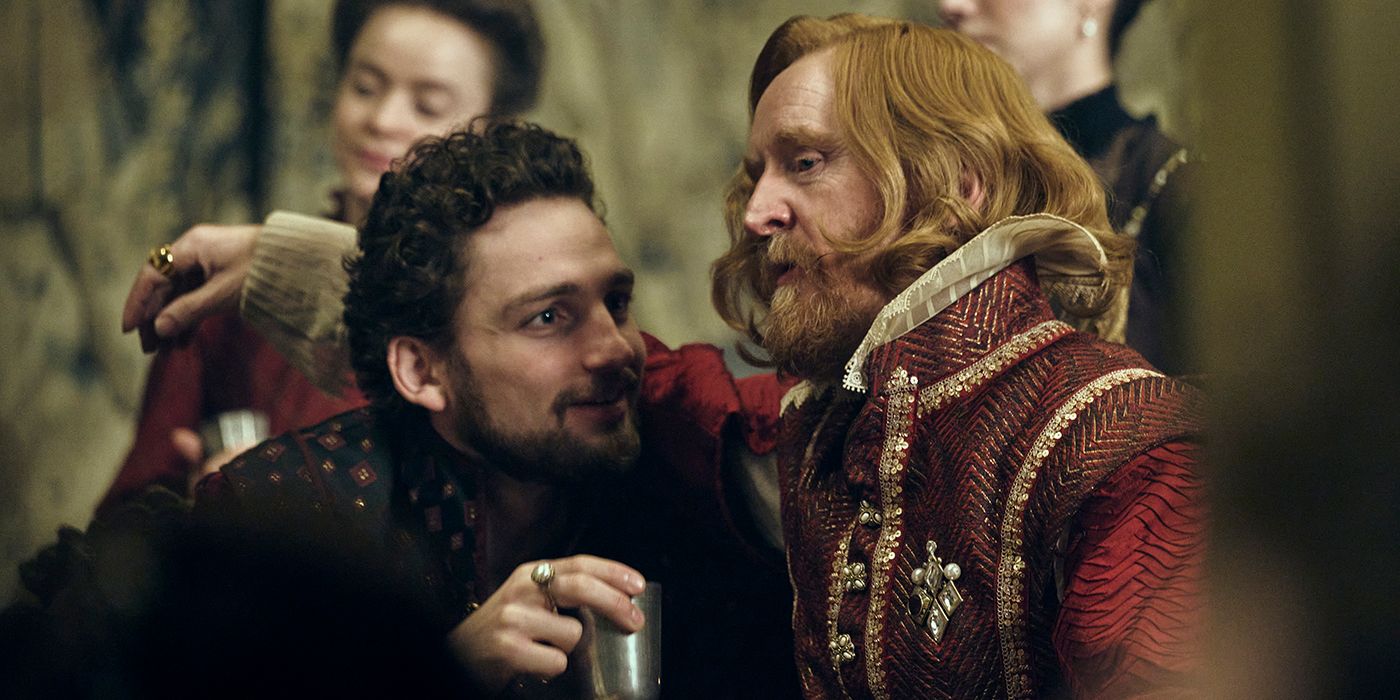 Tony Curran as James hugging Laurie Davidson's Earl of Somerset in Mary & George