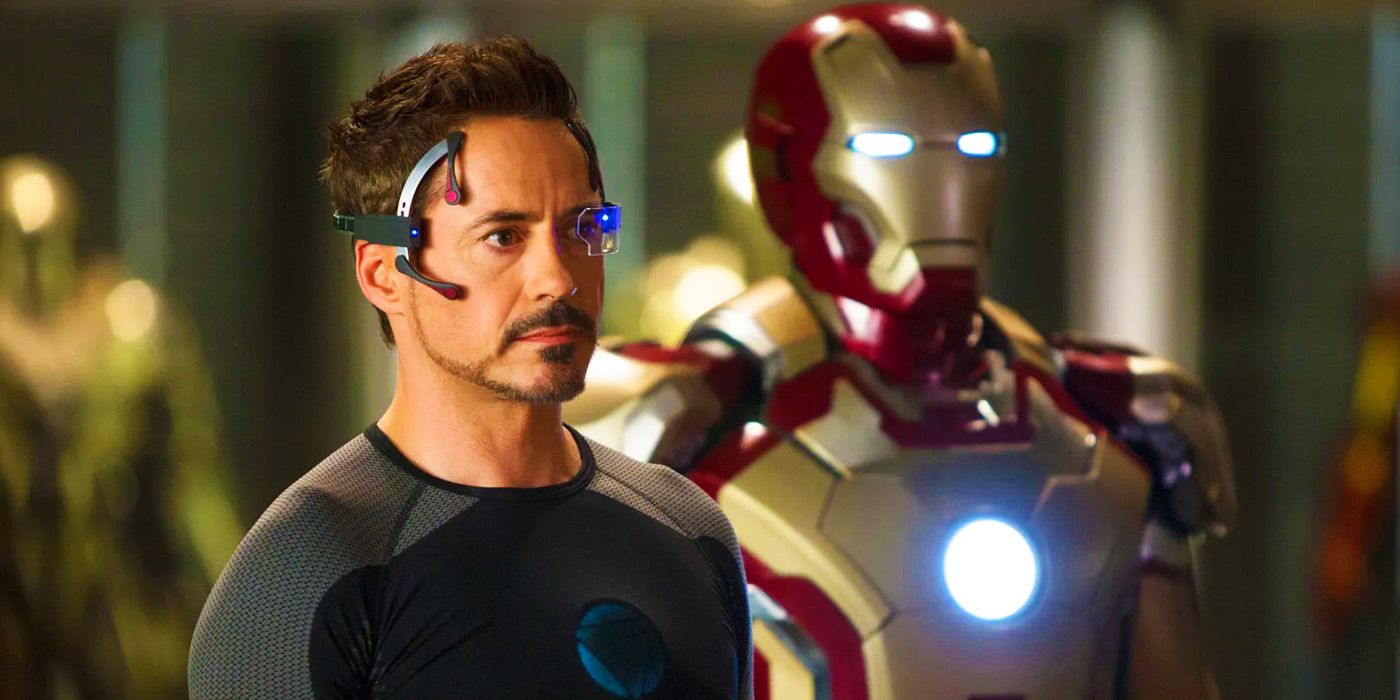 Tony Stark usa capacete e fica com seu traje do Homem de Ferro em Homem de Ferro 3