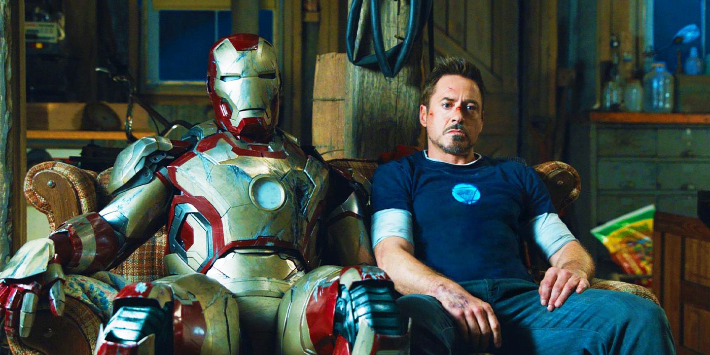 Tony Stark sat with the depowered Iron Man suit in Iron Man 3