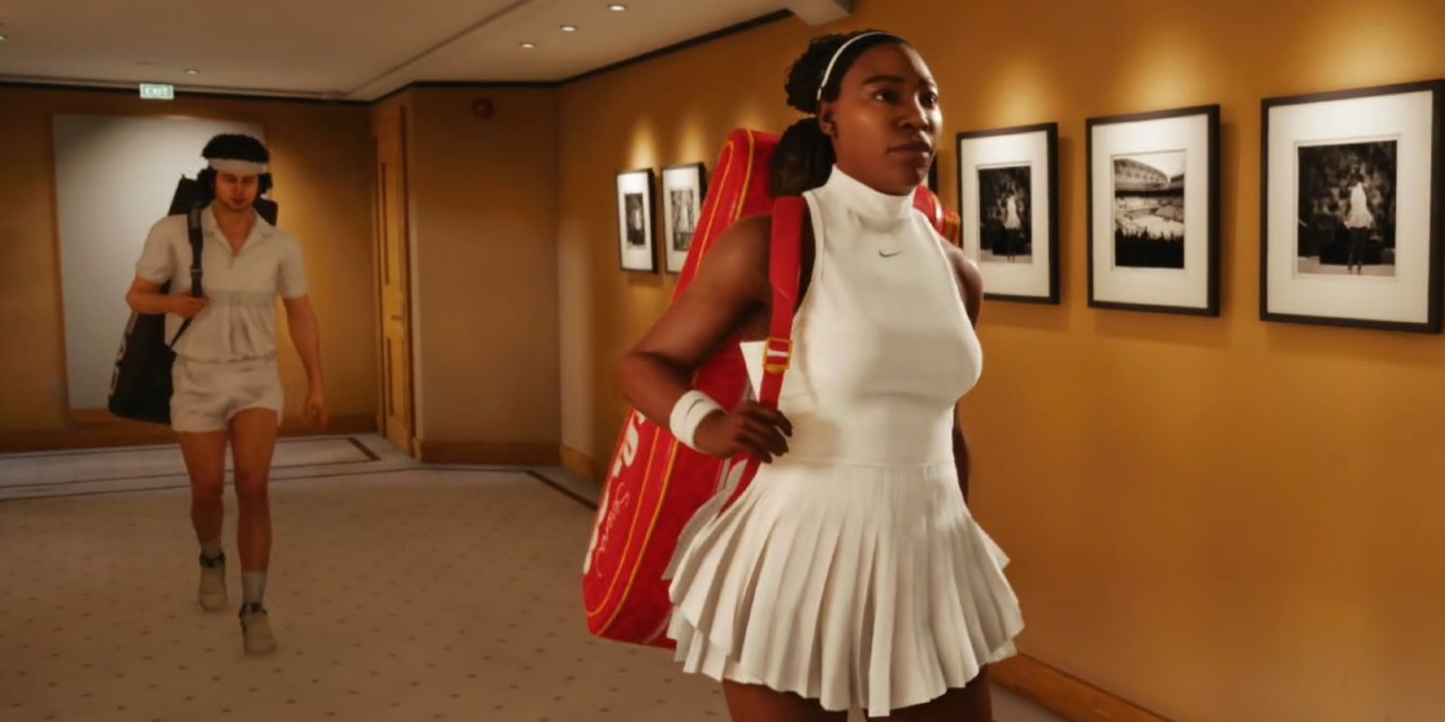 Serena Williams walking down a hallway in Top Spin 2K25 
