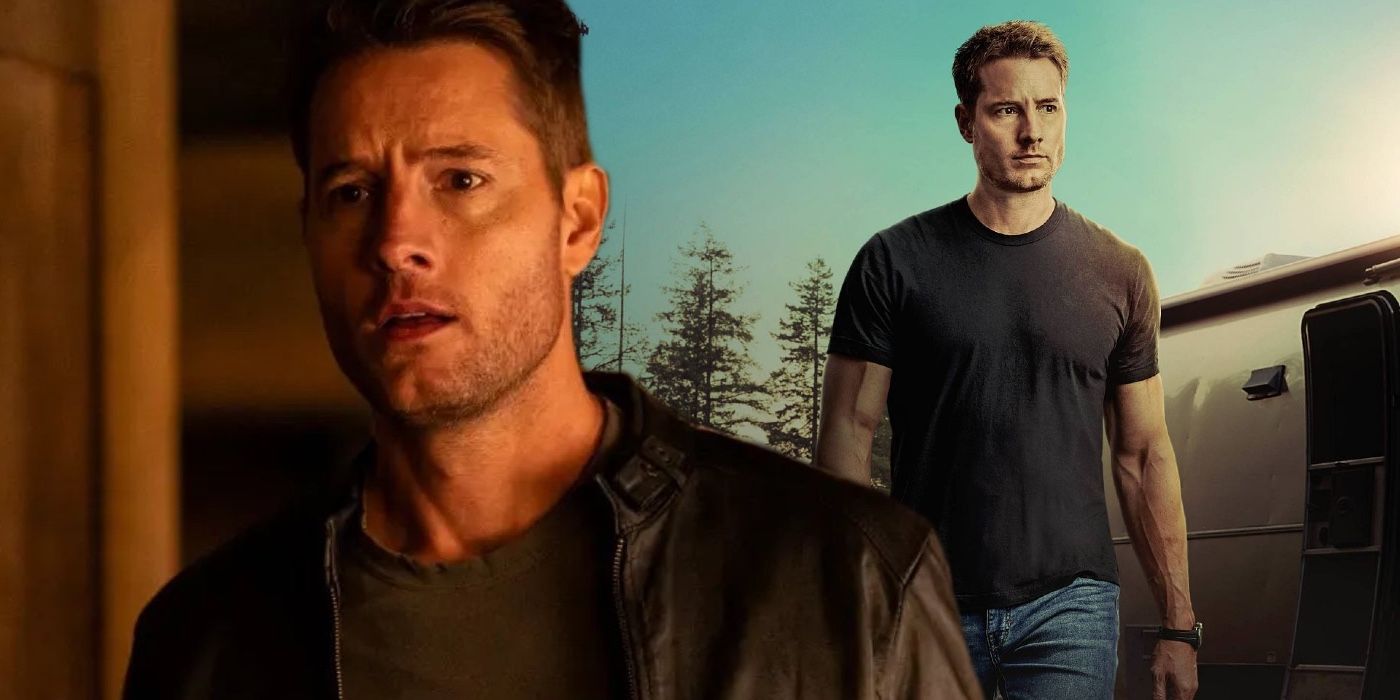 Uma imagem composta de Justin Hartley como Colter Shaw parecendo chocado e parado ao lado de seu trailer no Tracker