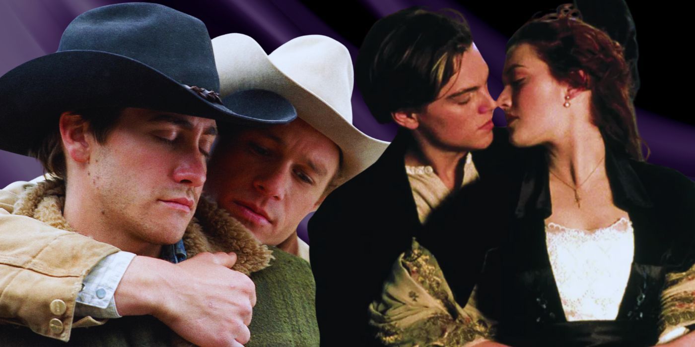 A blended image features the couples from Brokeback Mountain and Titanic embracing