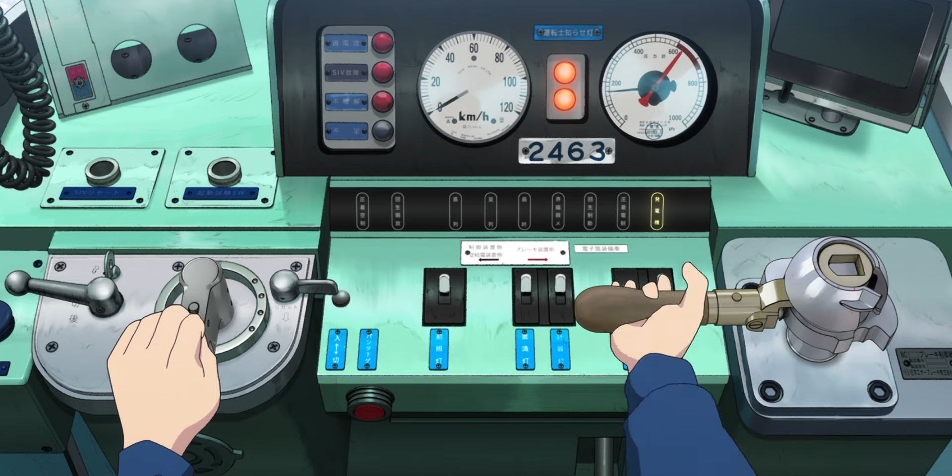 An image from Where Does the Doomsday Train Go?, showing one of the main characters operating the train controls of an abandoned passenger train from their point of view.