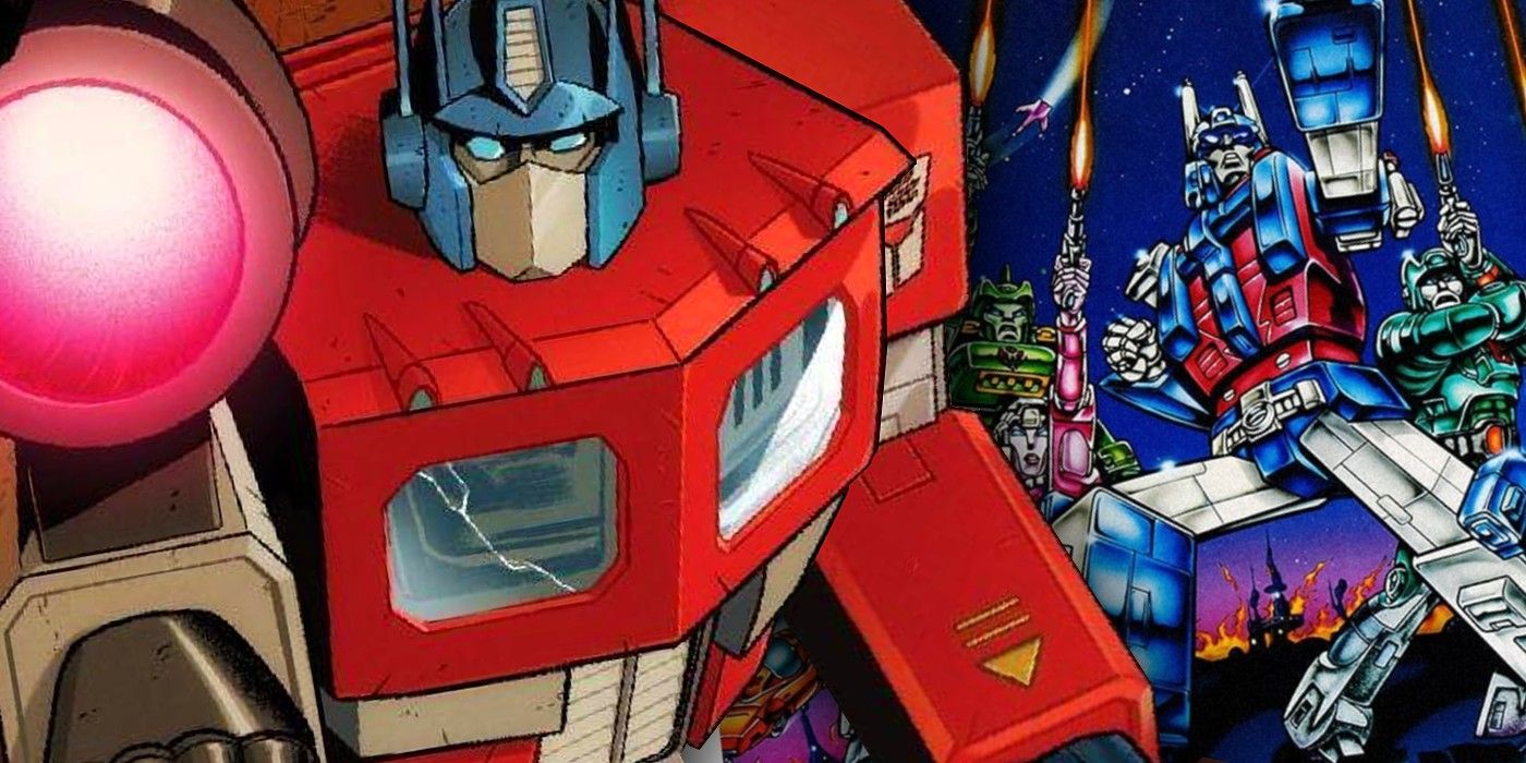 Optimus Prime (foreground, left) with the 1986 Transformers movie poster in the background (right.)