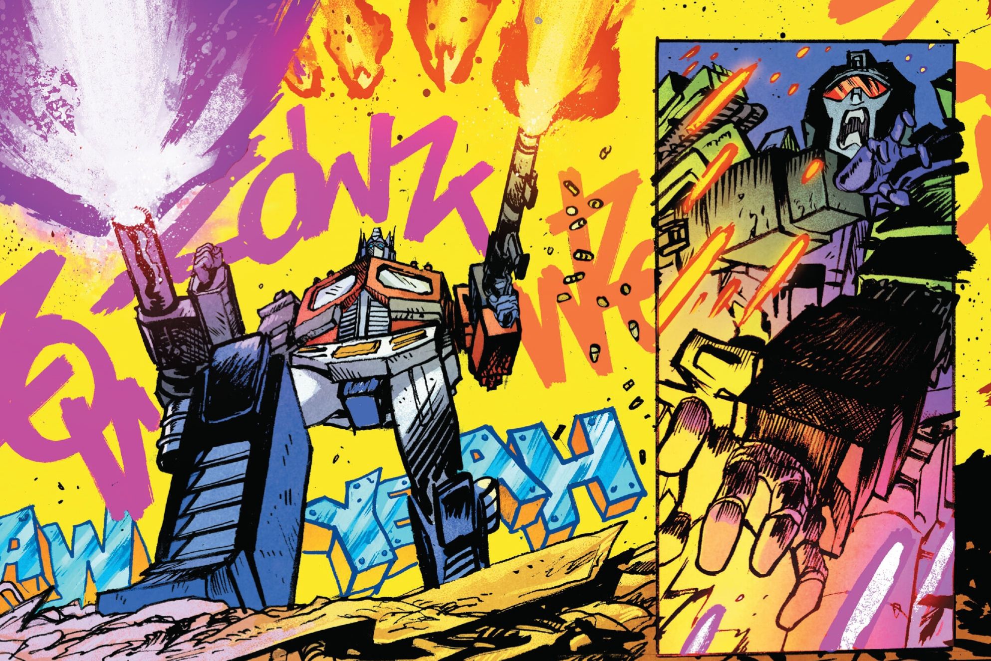 Transformers #6, Optimus Prime descarrega no Devastator, explodindo com múltiplas armas