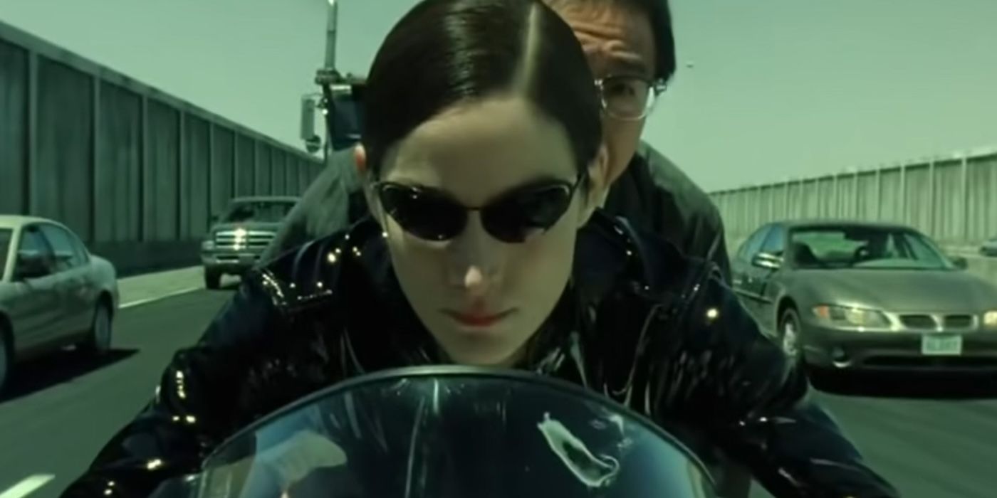 Trinity riding a motorcycle in the Matrix Reloaded
