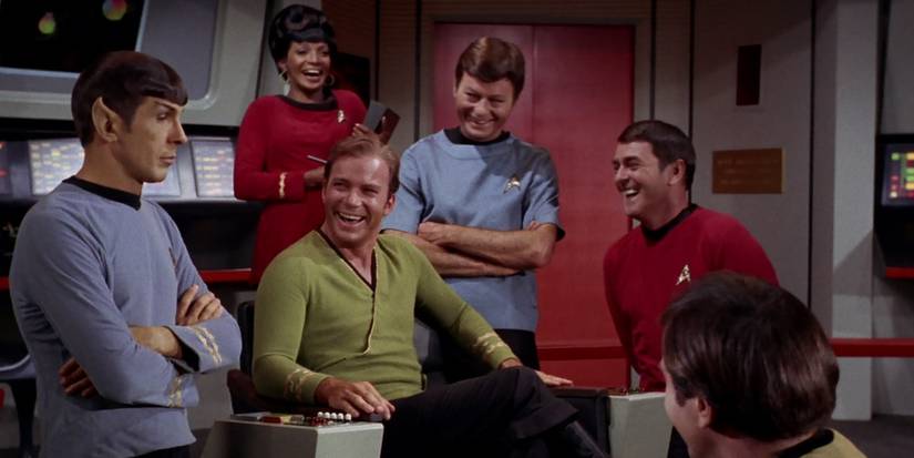 Star Trek: The Original Series, "The Trouble With Tribbles". USS Enterprise bridge crew. William Shatner as Captain James T. Kirk, DeForest Kelley as Dr Leonard Bones McCoy, Leonard Nimoy as Spock, James Doohan as Montgomery Scotty Scott, Nichelle Nichols as Nyota Uhura, Walter Koenig as Pavel Chekov.