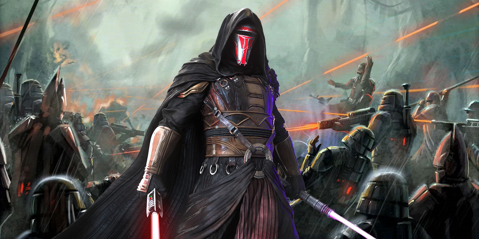 Darth Revan from the KOTOR games with the Battle of Bothawui behind him