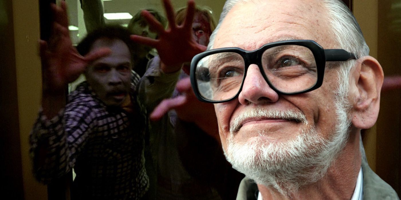 A composite image of George Romero looking on with a scene of zombies bursting into an elevator in Dawn of the Dead