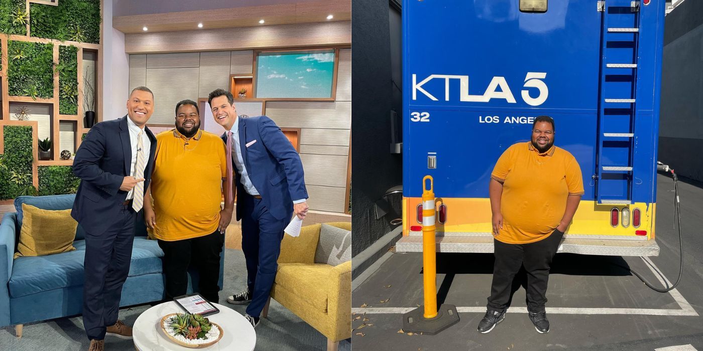 Tyray from 90 Day Fiance in yellow shirt and black pants at ktla studios