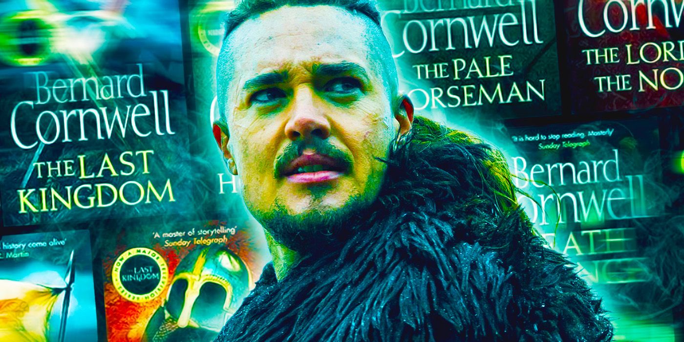 Alexander Dreymon as Uhtred in The Last Kingdom in front of original books