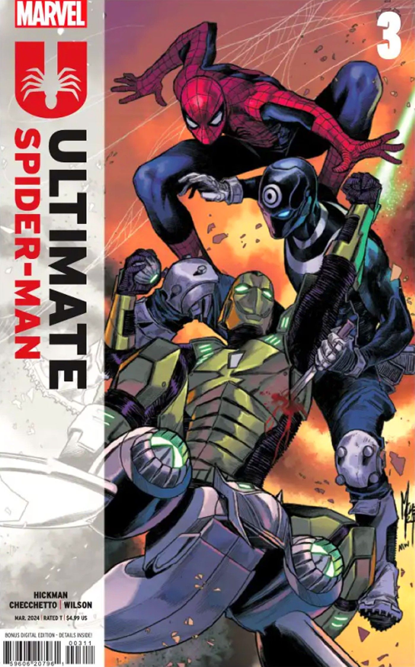 Capa de Ultimate Spider-Man #3, Spidey lutando contra Bullseye e o Duende Verde 