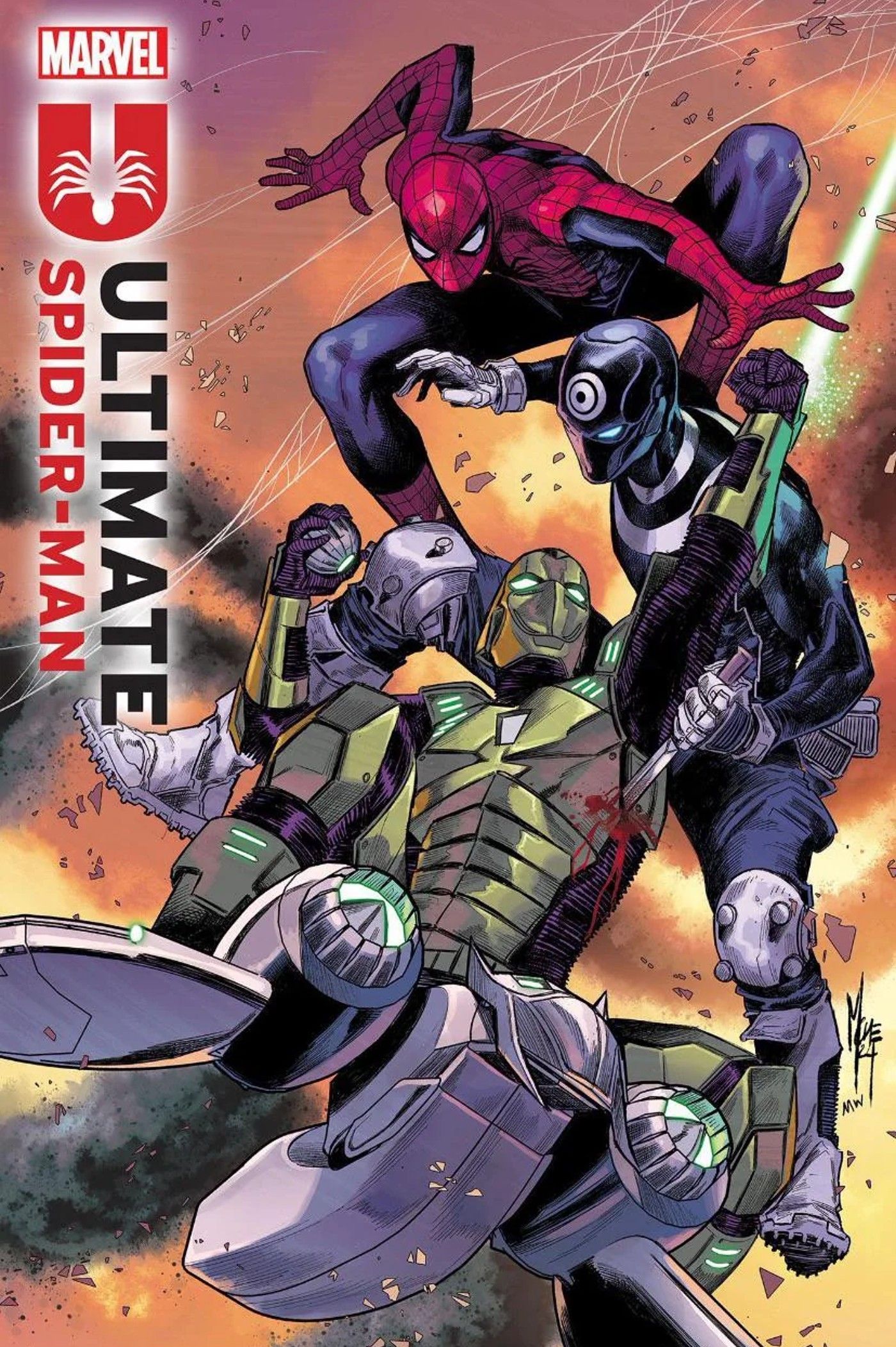 ultimate spider-man 3 cover showing spidey fighting bullseye and the green goblin