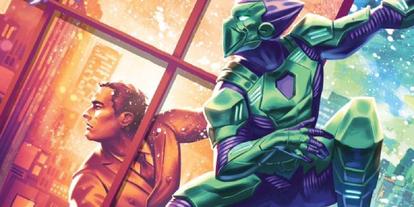 ultimate spider-man green goblin cover, with gobby reflected in the windows of a skyscraper