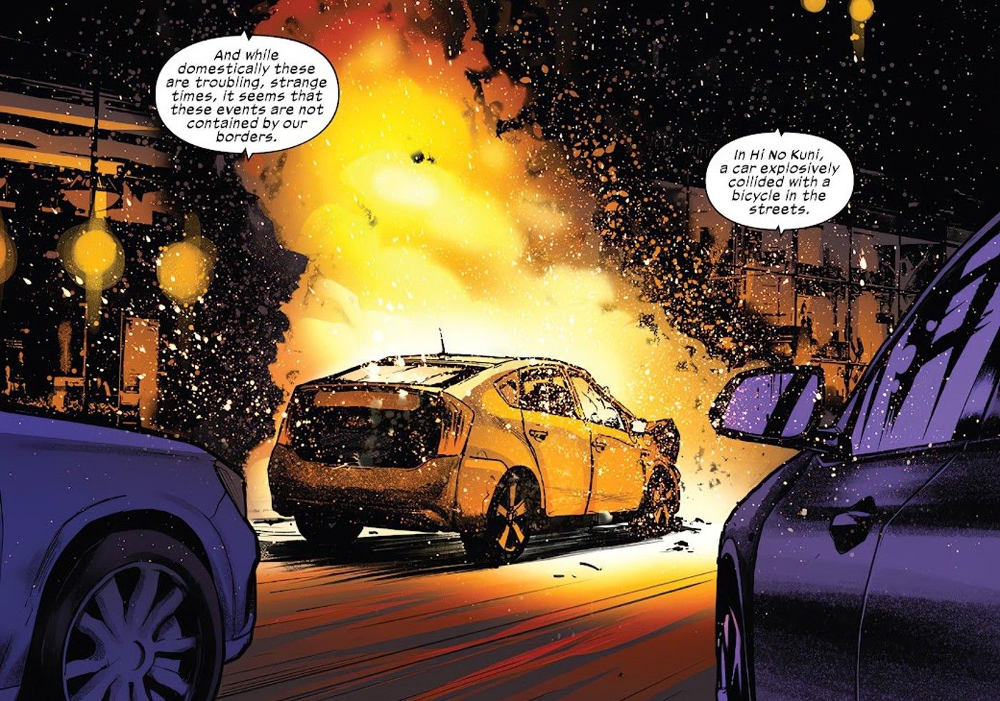 ultimate universe comic page, showing a car exploding after crashing into a mutant