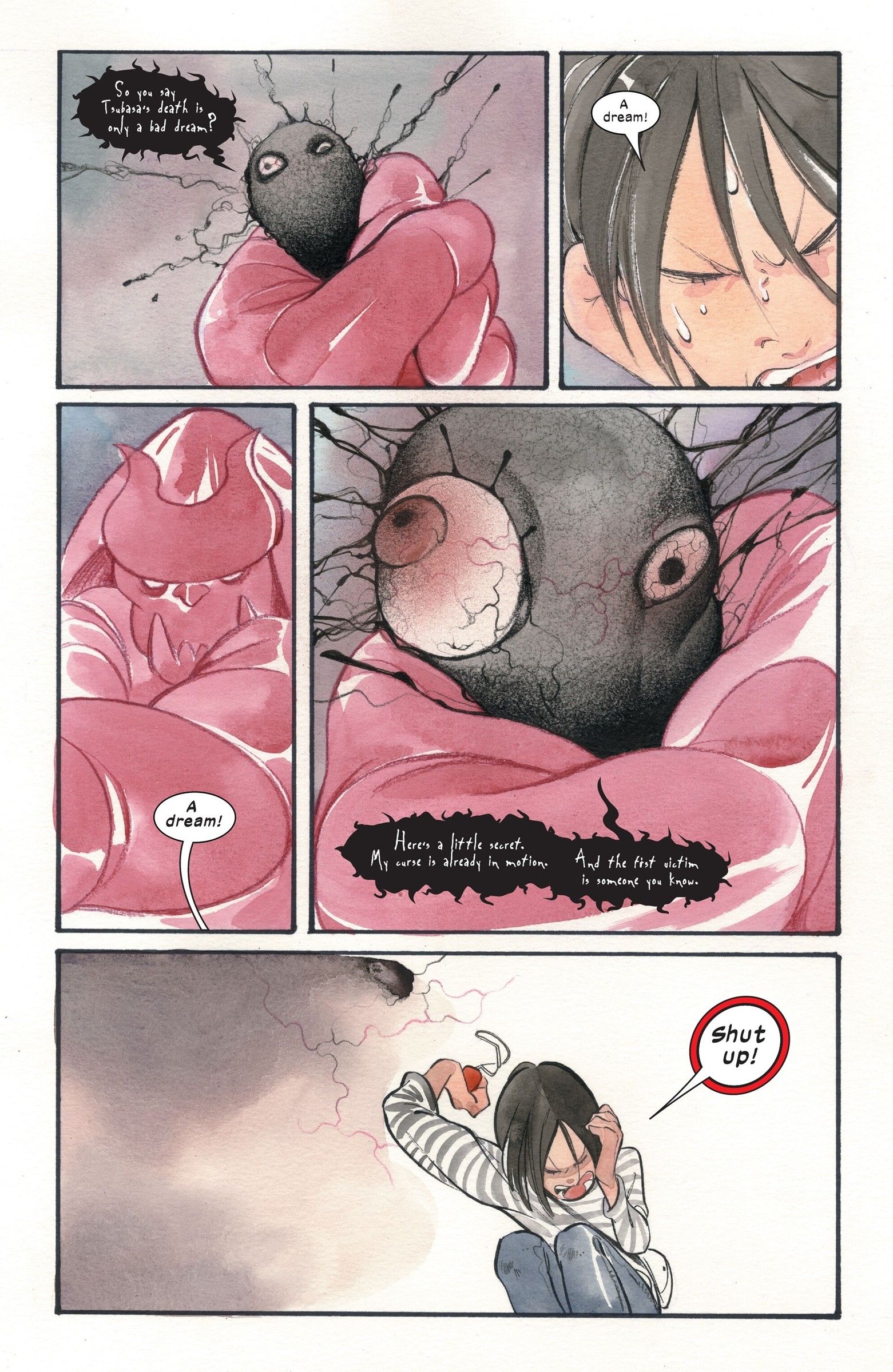 Five panels of Armor fighting the mysterious, shadow-like being