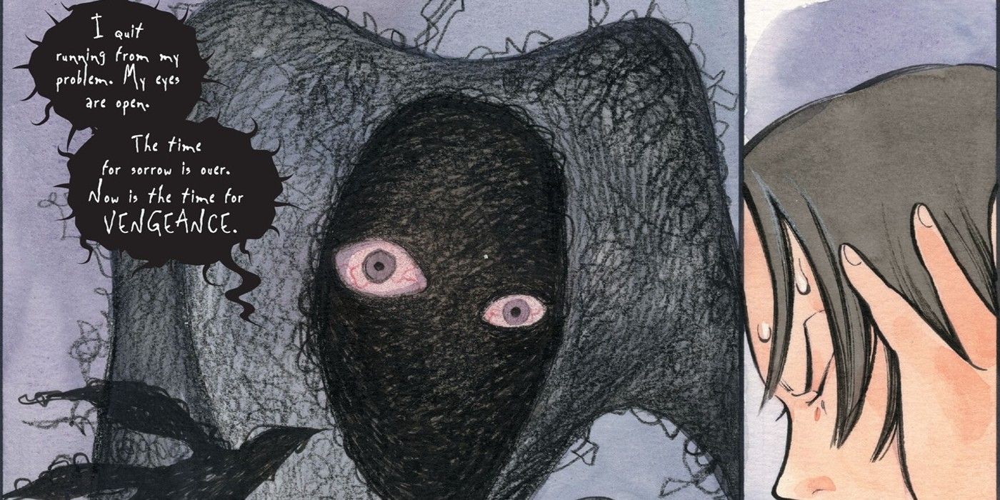 Image of a black, shadowy presence with red eyes talking to Hisako