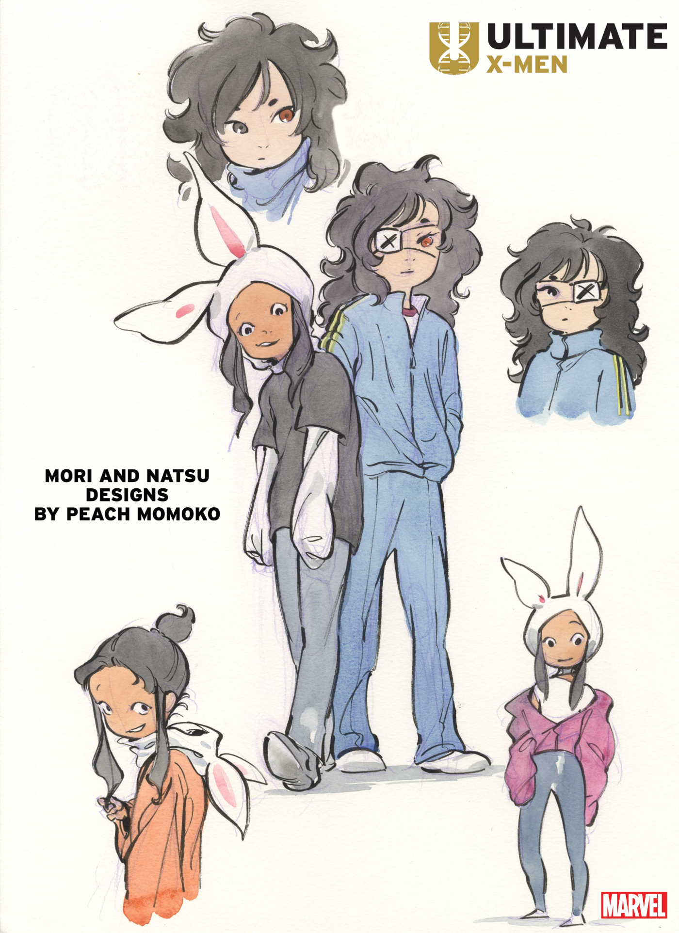 Ultimate X-Men Design Sheet de Peach Momoko, apresentando os personagens Mori e Natsu.