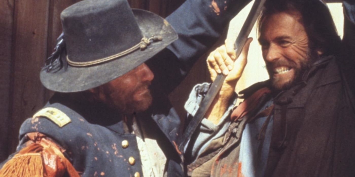 Josey and Captain Terrill fighting over a gun in The Outlaw Josey Wales (1976)