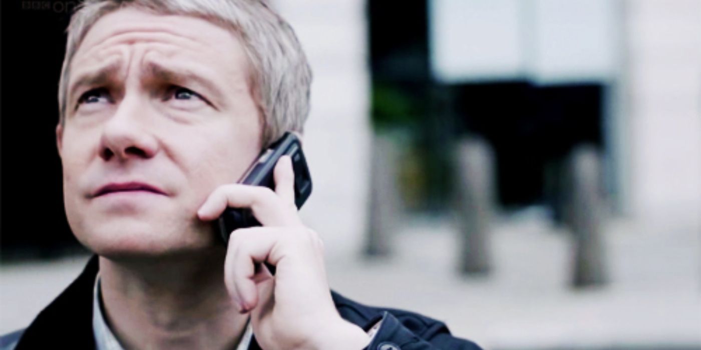 John (Martin Freeman) talking on the phone to Sherlock just before he jumps in The Reichenbach Fall