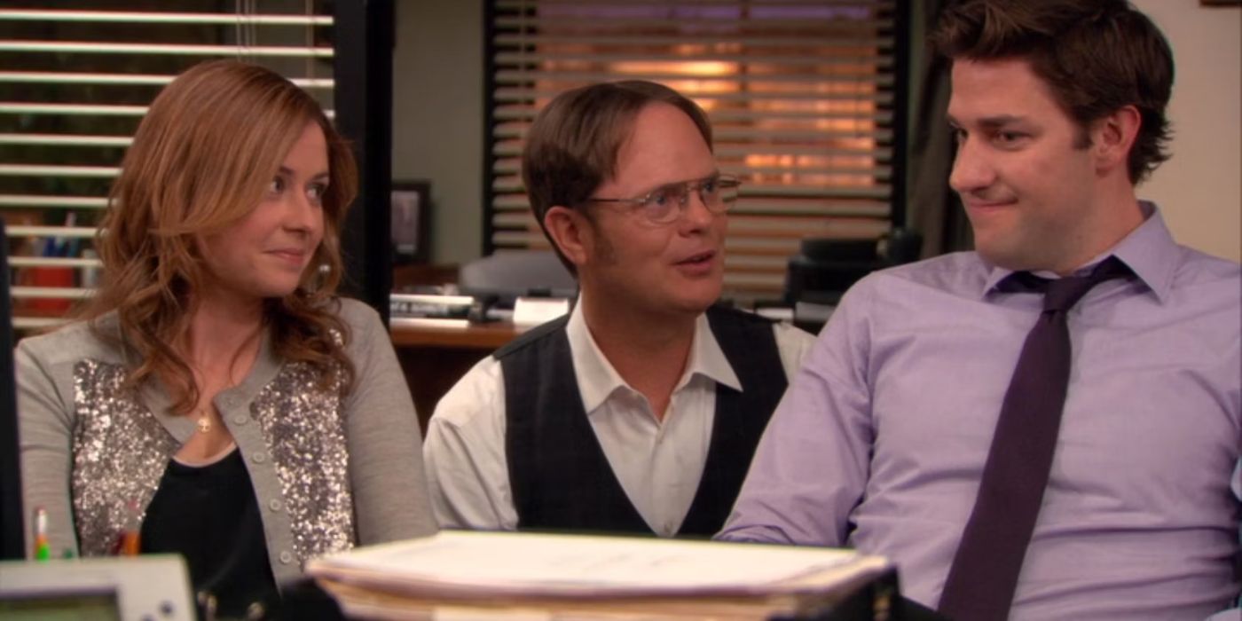 Dwight (Rainn Wilson) chatting to Jim (John Krasinski) and Pam (Jenna Fischer) after they quit in The Office finale