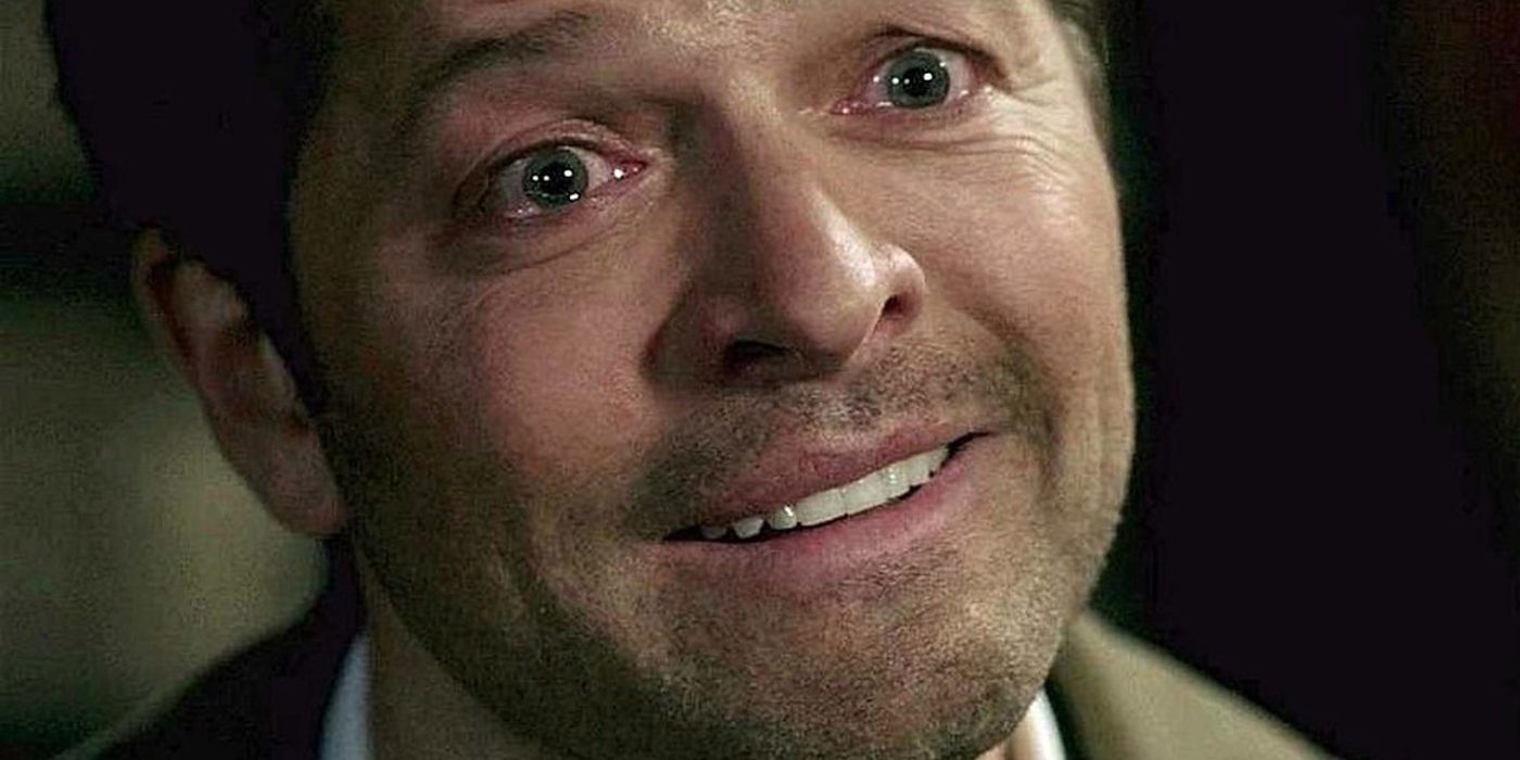 Misha Collins as Castiel with tears in his eyes confessing his love to Dean in Supernatural