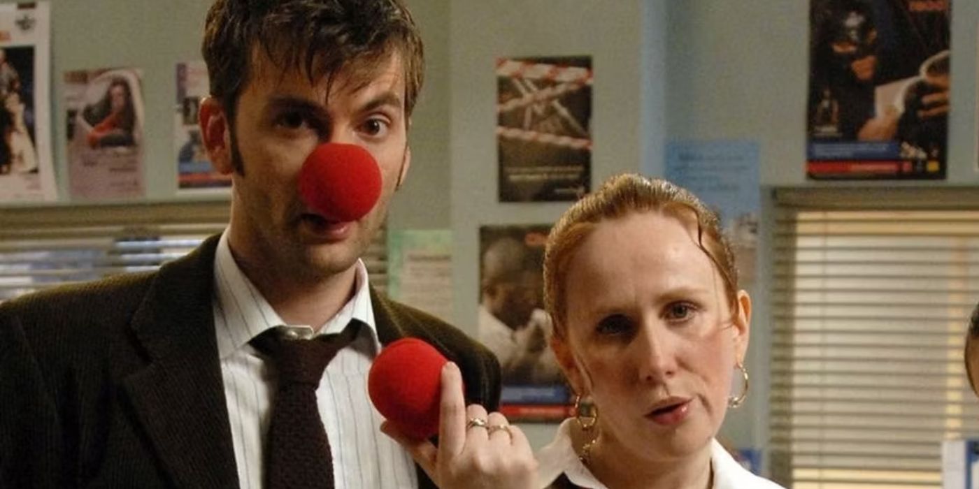 David Tennant as Mr Logan/The Doctor and Catherine Tate as Lauren Cooper in the Doctor Who and The Catherine Tate Show crossover, holding red noses