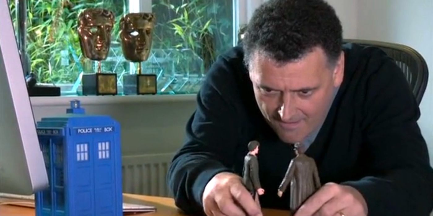 Steven Moffatt playing with two Doctor Who action figures in The Five(ish) Doctors Reboot