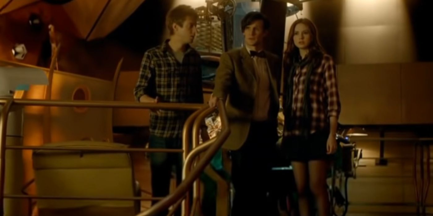 Amy, Rory, and the Eleventh Doctor in the TARDIS in the specials Space & Time