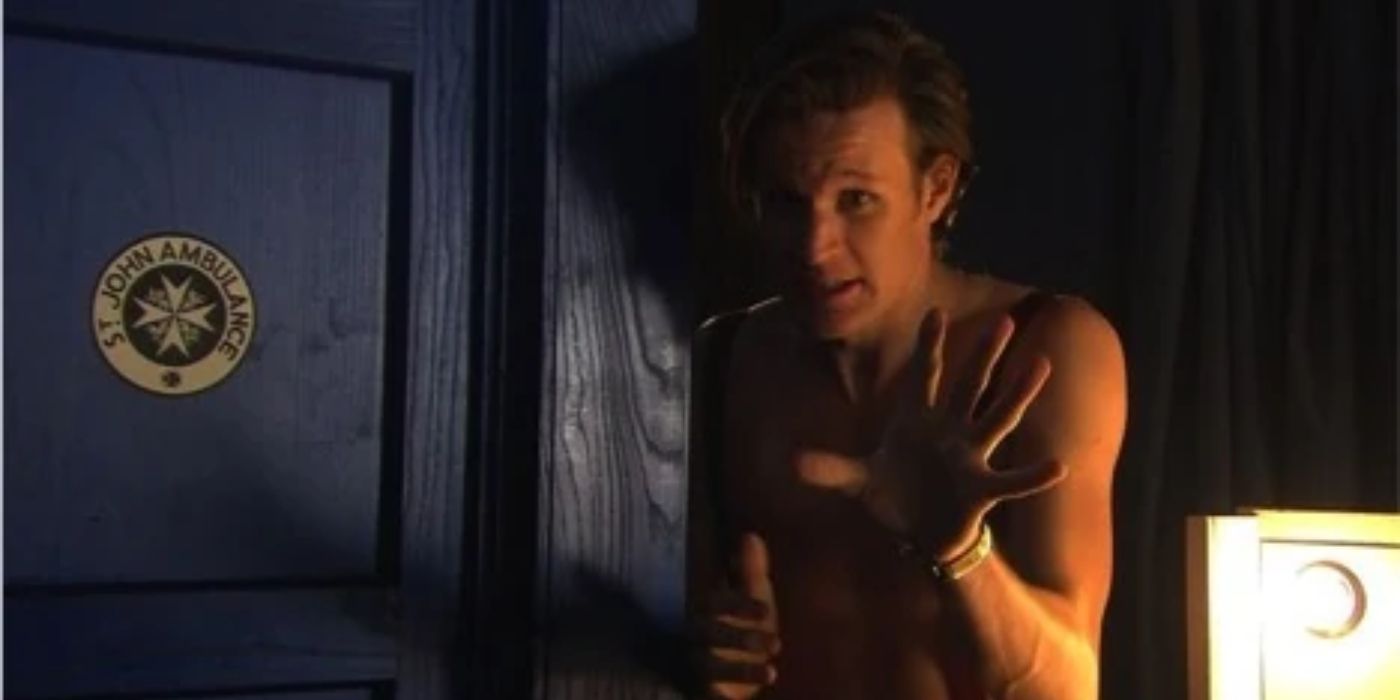 A shirtless 11th Doctor outside the TARDIS in the Children in Need sketch The Naked Truth