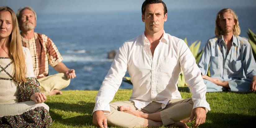 Jon Hamm as Don Draper meditating at a retreat in Mad Men