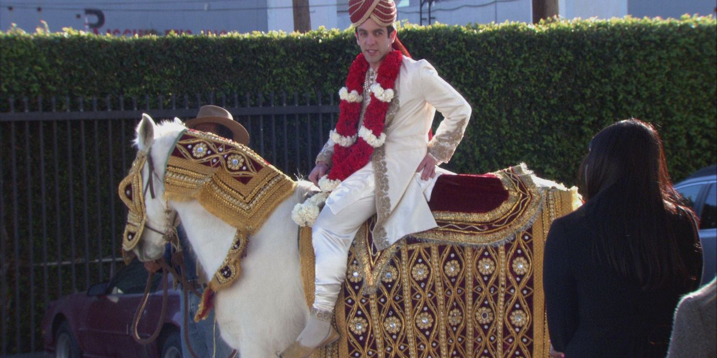 Ryan declaring his love to Kelly on a horse in the parking lot in The Office